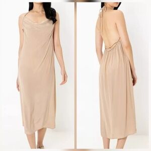 ZARA Nude Beige Cowl Neck Halter Backless Slip‎ Midi Dress Women's Size Medium